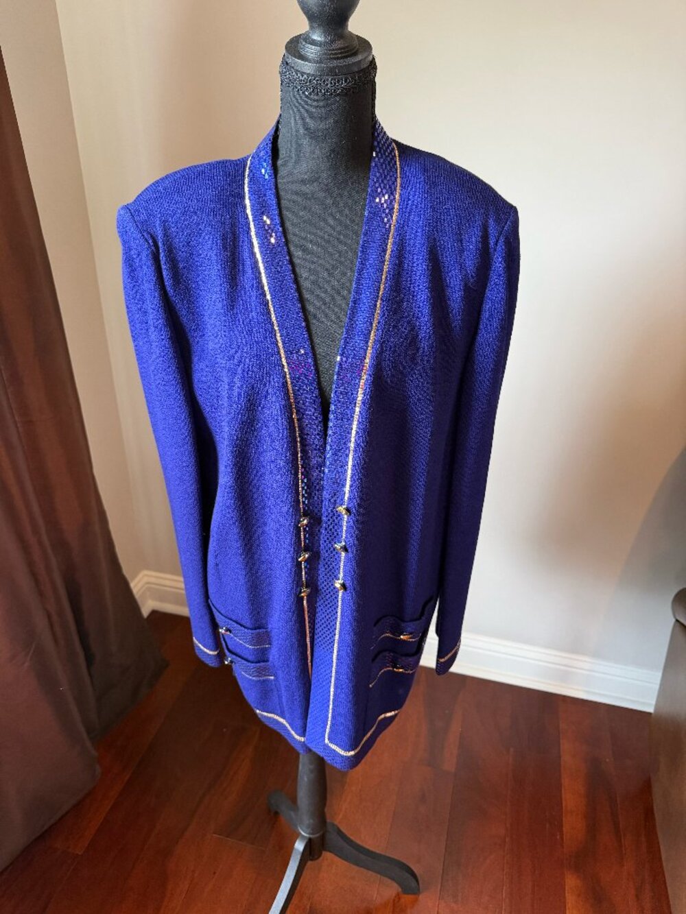 St. John Evening by Marie Gray Sequin Trim Knit Jacket Royal Blue Size 16